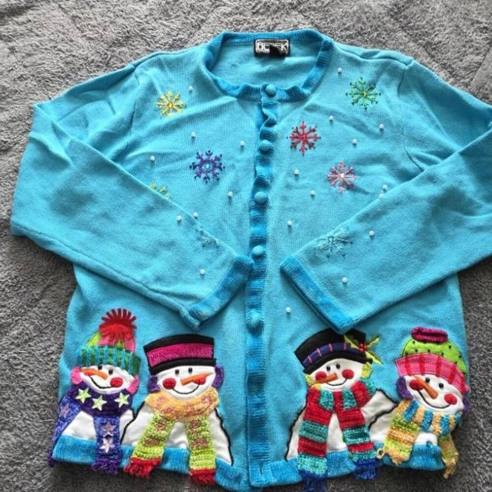 Vintage Collective Works of Berek 2 Winter Snowmen Christmas Cardigan M